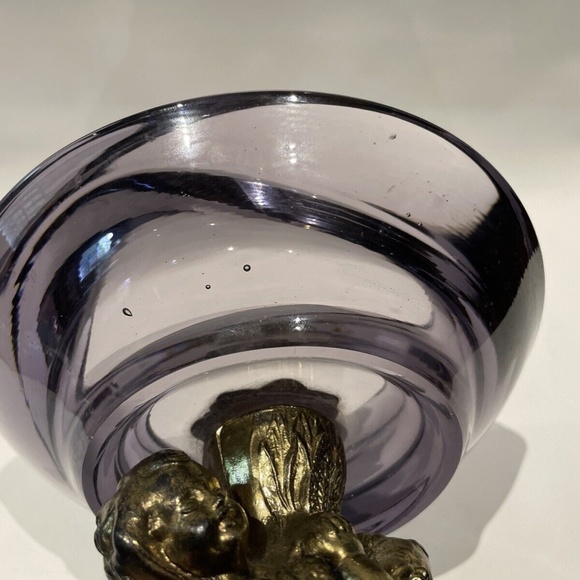 Vtg regency AMETHYST GLASS dish Compote Bowl footed Marble Brass Cherub Art Deco - Picture 5 of 7